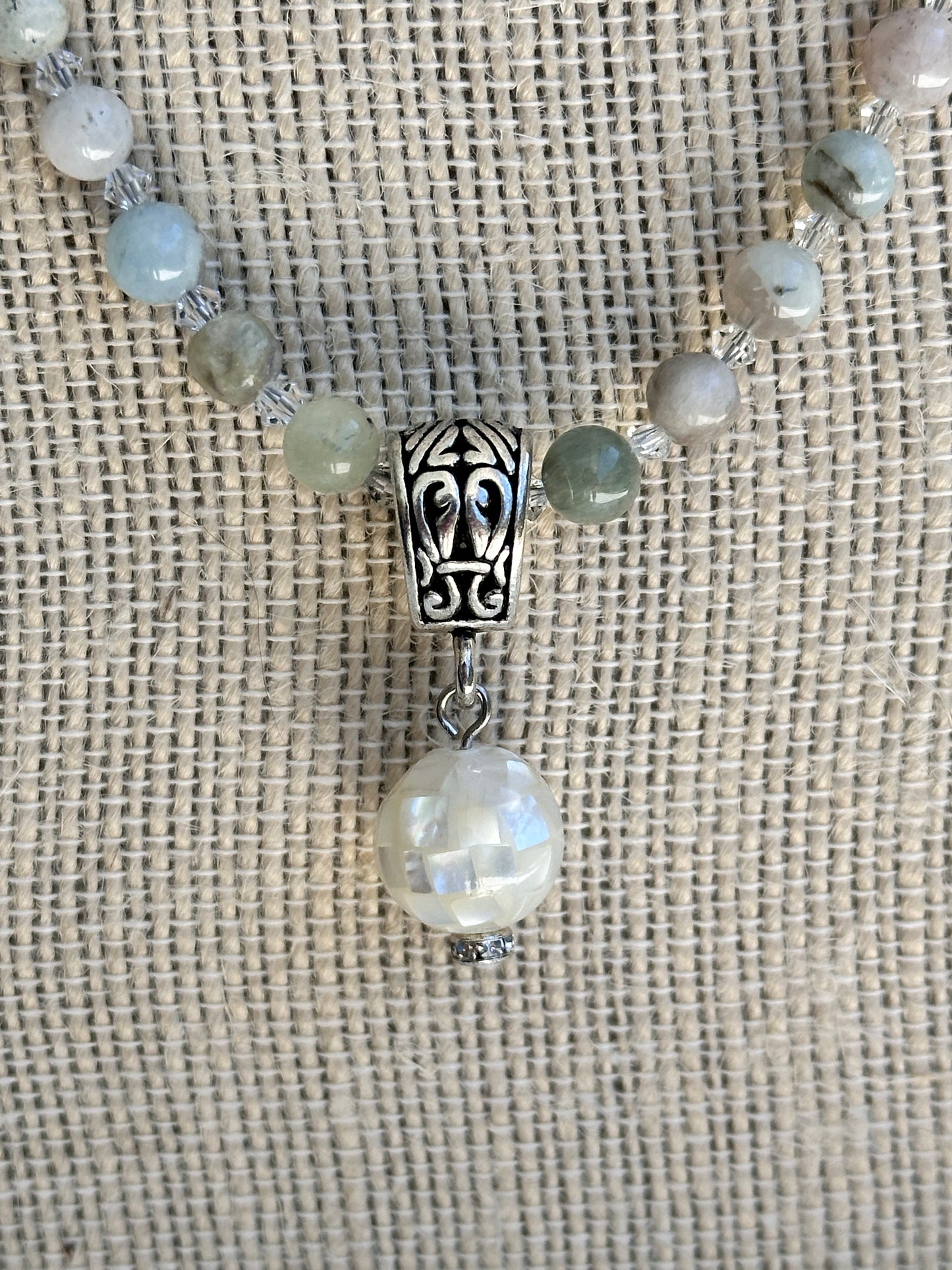 Pastel Morganite and Crystal Necklace with a Mother-of-Pearl Pendant