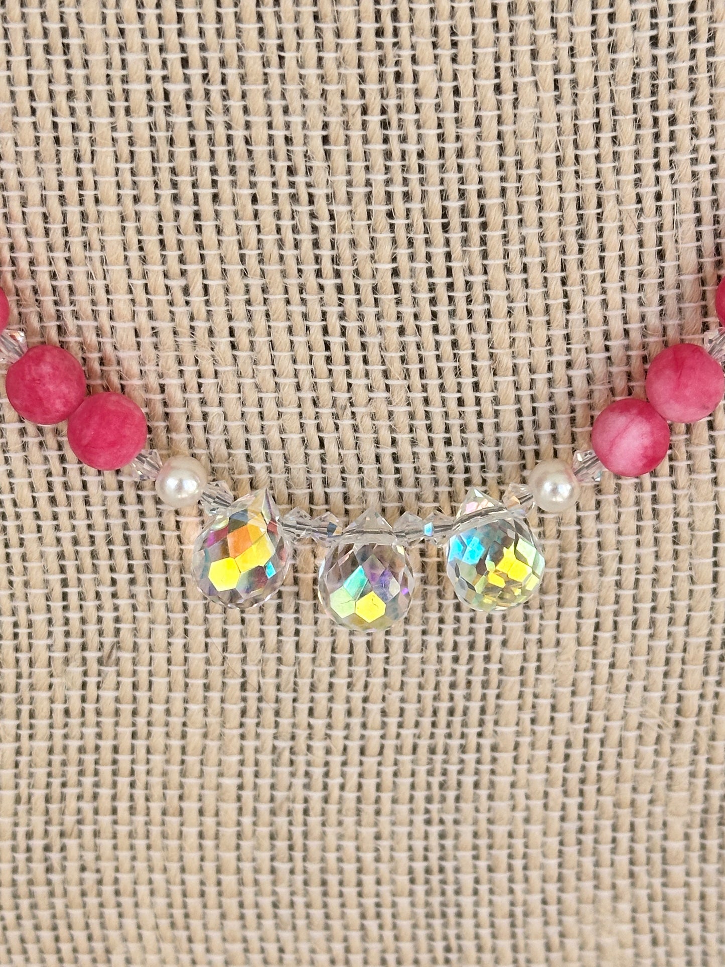 Frosted Pink Agate and Crystal Necklace