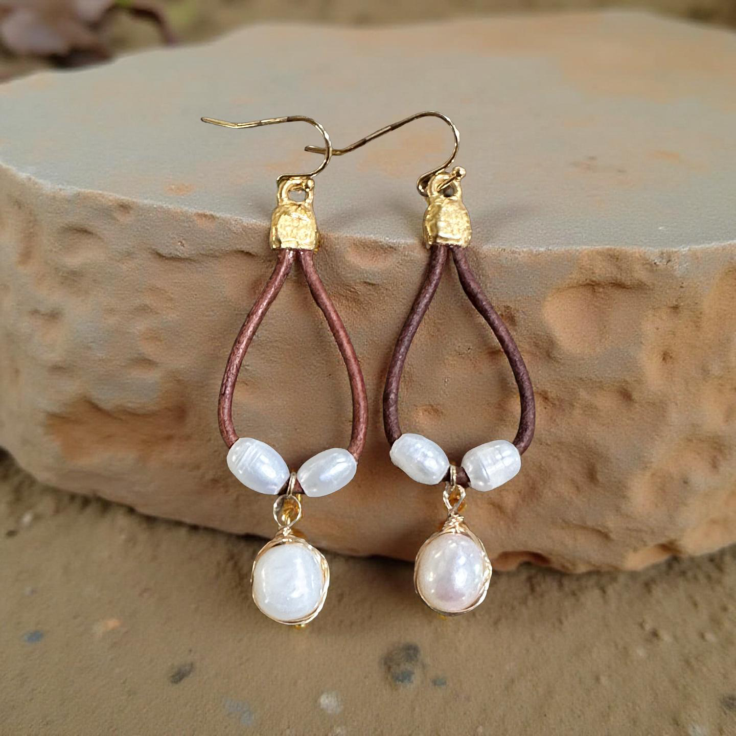 Leather and Freshwater Pearl Drop Earrings