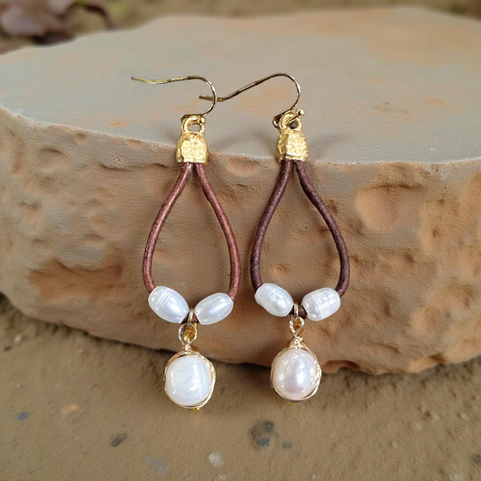 Leather and Freshwater Pearl Drop Earrings