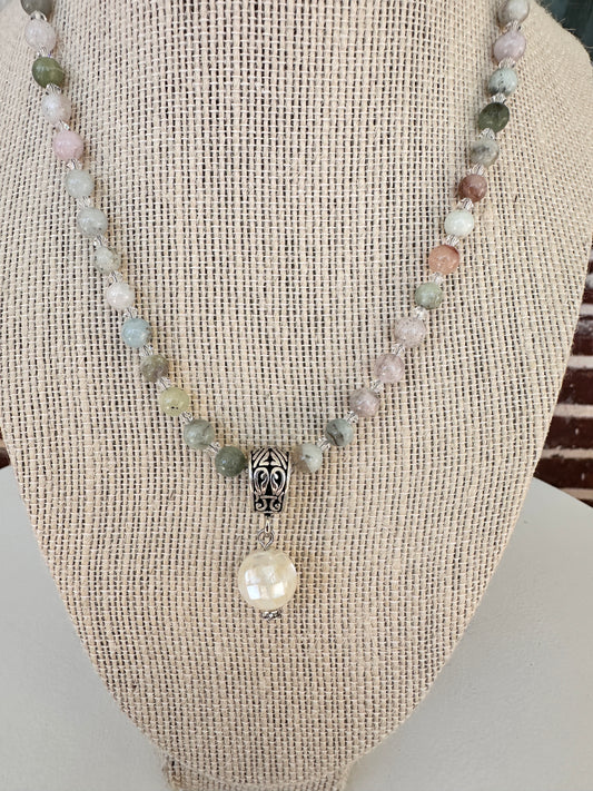 Pastel Morganite and Crystal Necklace with a Mother-of-Pearl Pendant