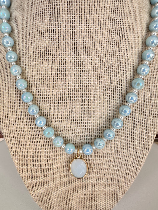 Ceramic Bead and Opalite Pendant Necklace