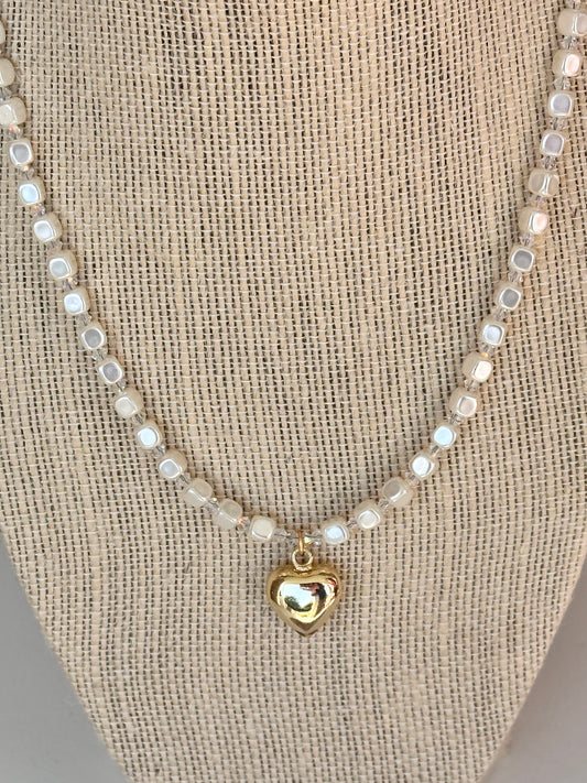 Square Glass Pearl and Heart Necklace