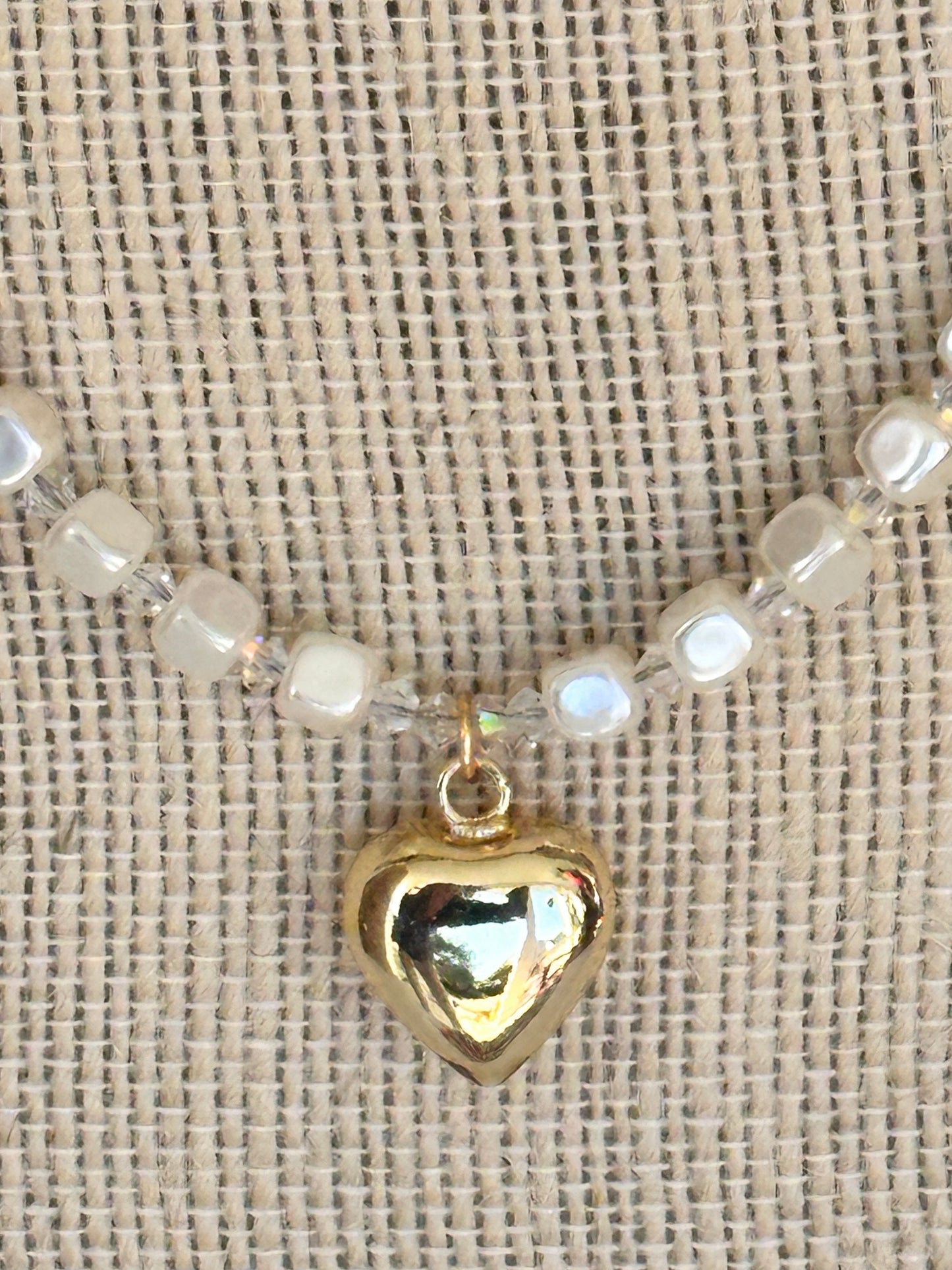 Square Glass Pearl and Heart Necklace