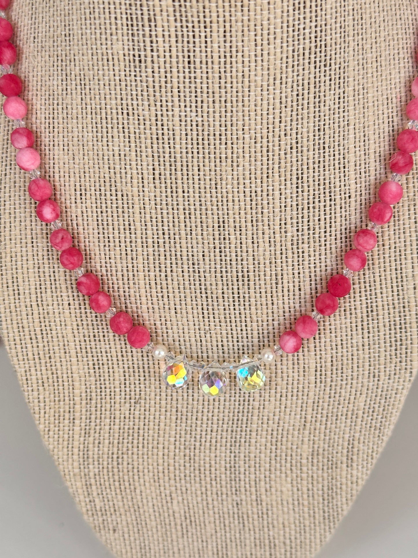 Frosted Pink Agate and Crystal Necklace