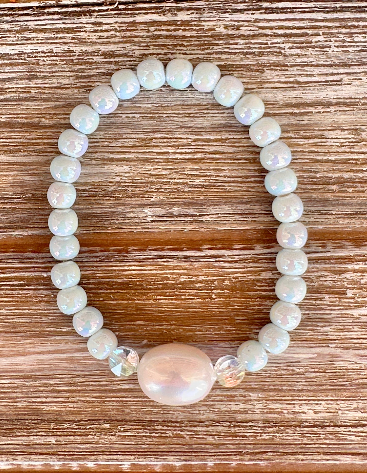 Pastel Blue Ceramic and Mother of Pearl Bracelet