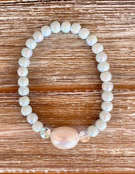 Pastel Blue Ceramic and Mother of Pearl Bracelet
