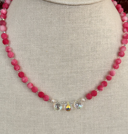 Frosted Pink Agate and Crystal Necklace
