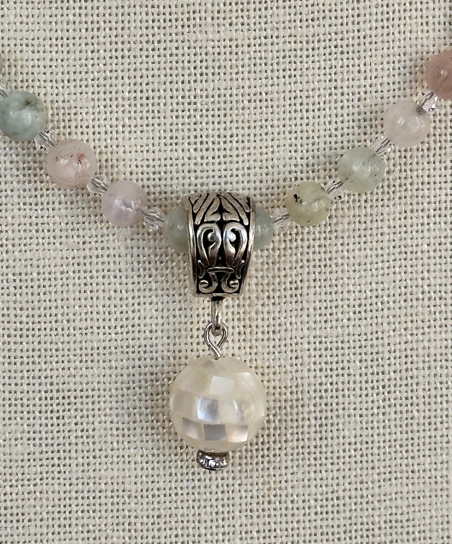 Pastel Morganite and Crystal Necklace with a Mother-of-Pearl Pendant