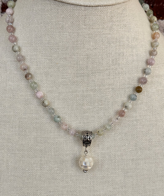 Pastel Morganite and Crystal Necklace with a Mother-of-Pearl Pendant