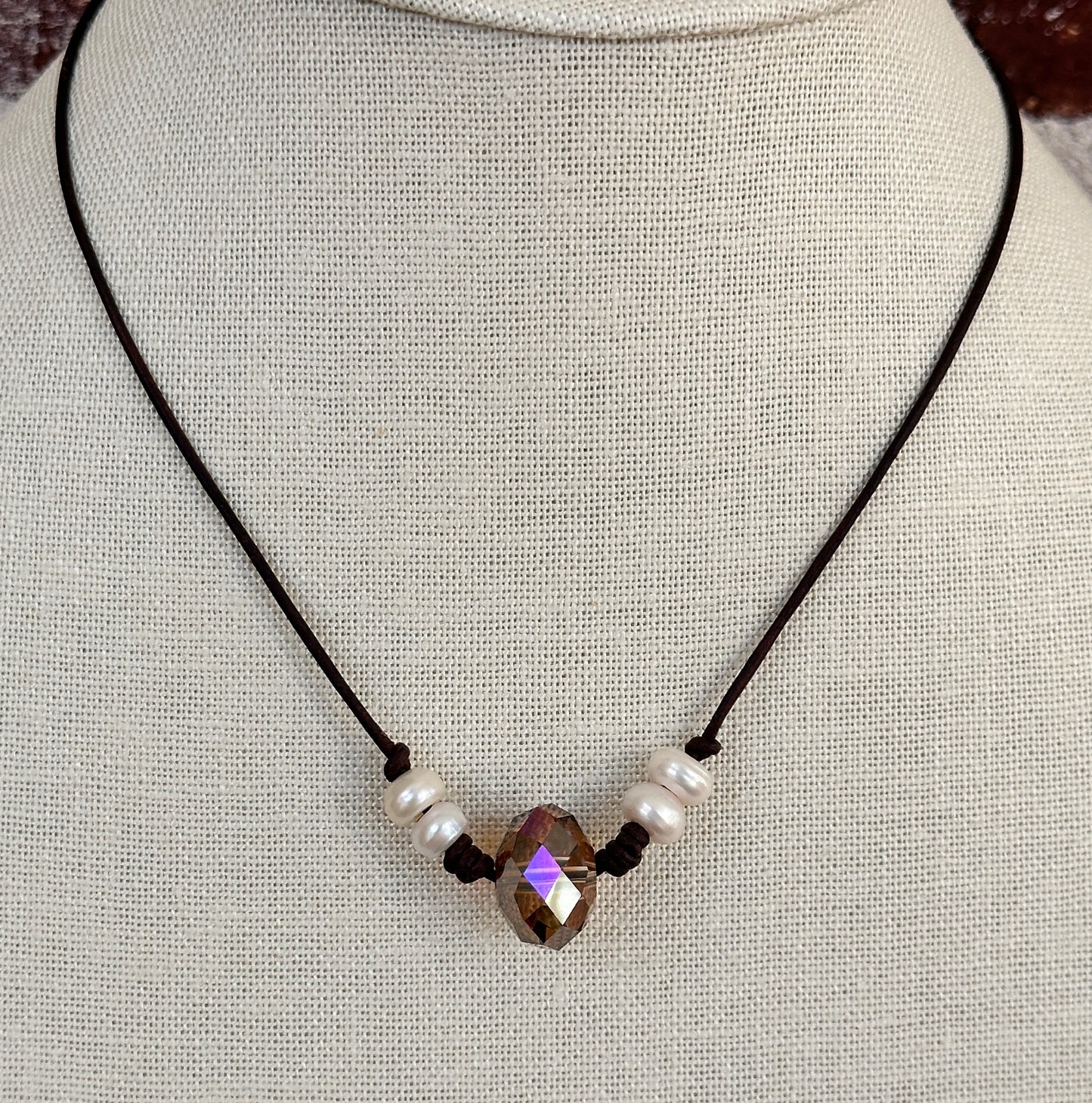 Leather Crystal Pearl Necklace
