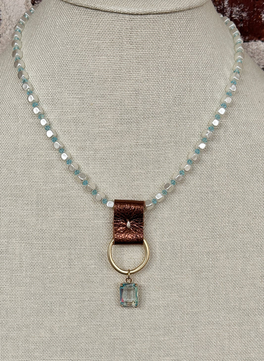 Square Pearl & Crystal Leather Pendant Necklace