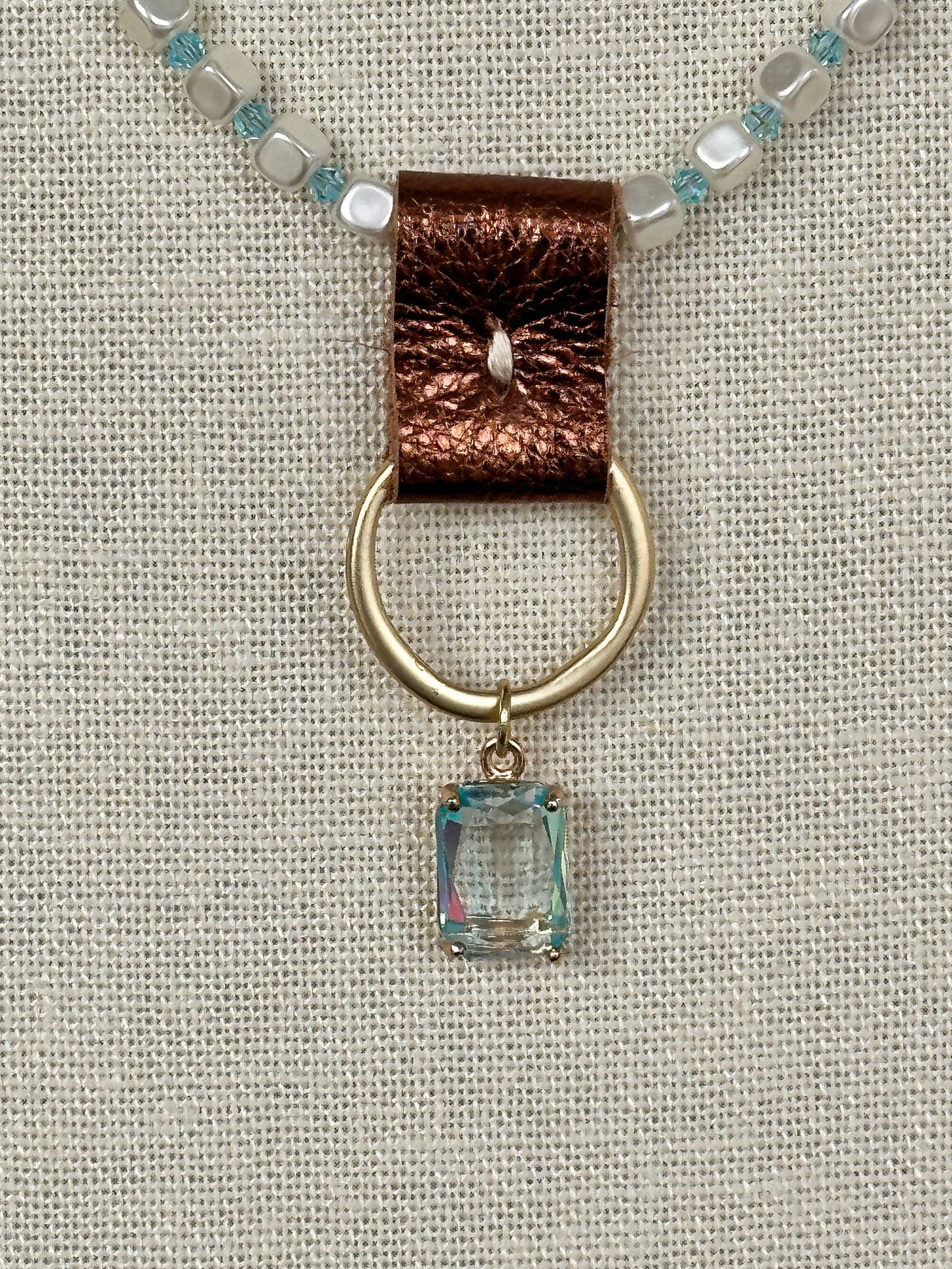 Square Pearl & Crystal Leather Pendant Necklace