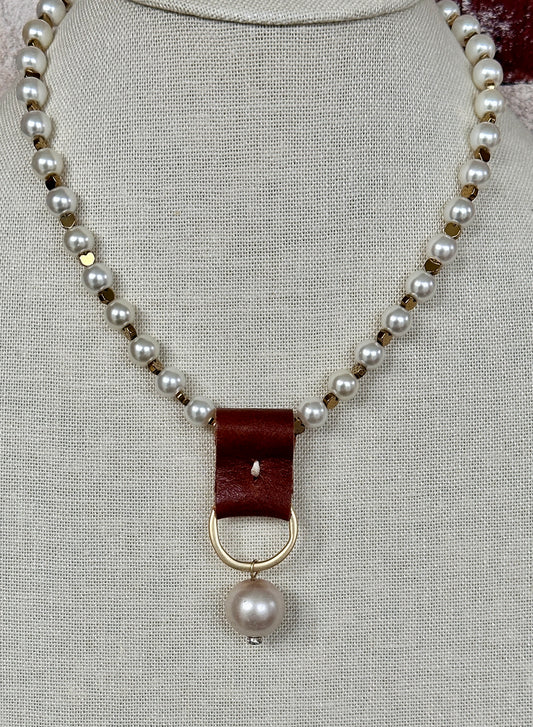 Glass Pearl & Heart Leather Pendant Necklace