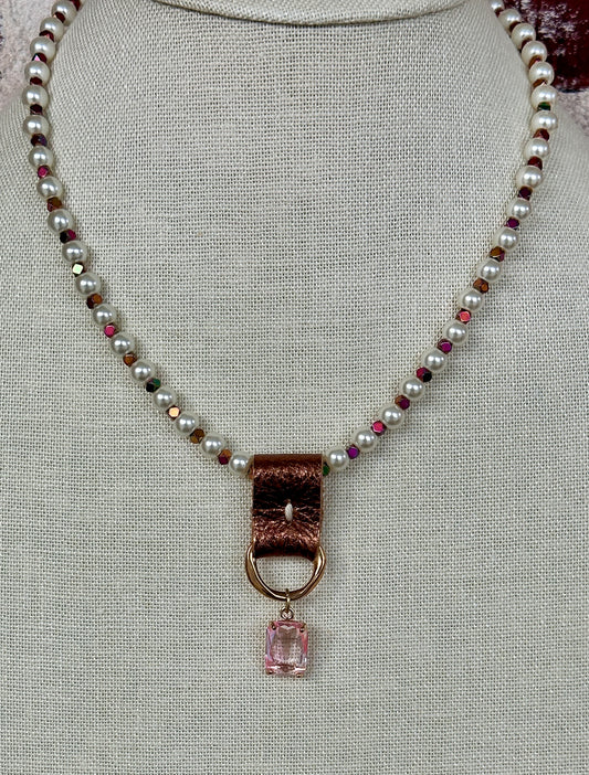 Bronze Blush Leather Pearl Necklace