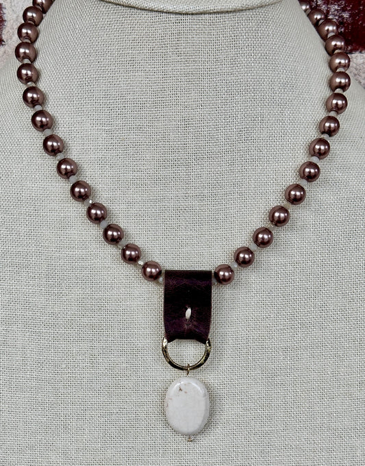 Cocoa Pearl & Ivory Stone Leather Necklace